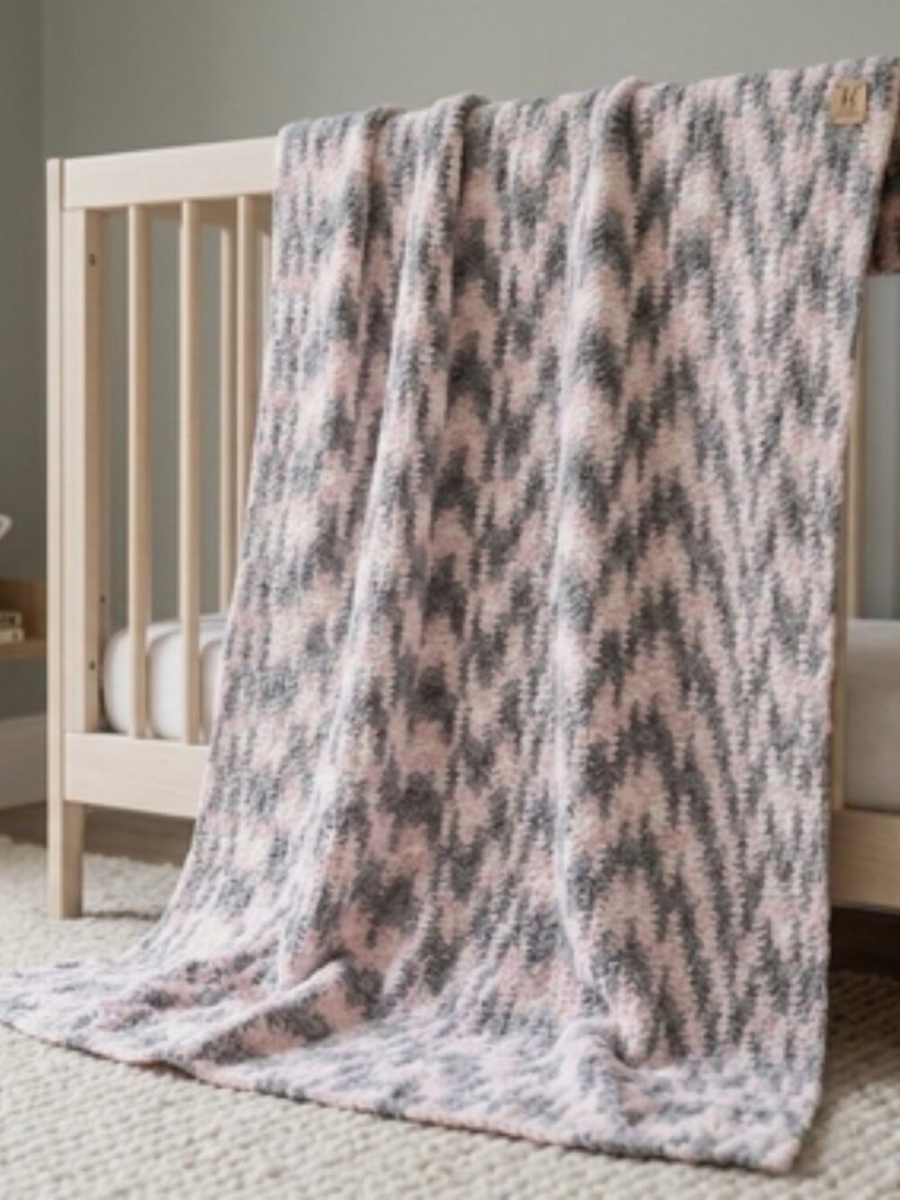 Handmade Crochet Bernat Baby Blanket Soft Heavy Plush Chenille Pink Grey White
